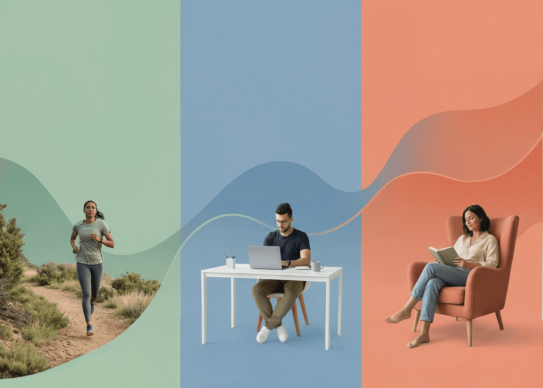 Three scenes flowing together: a woman running, a man working at a desk, and a woman relaxing with a book